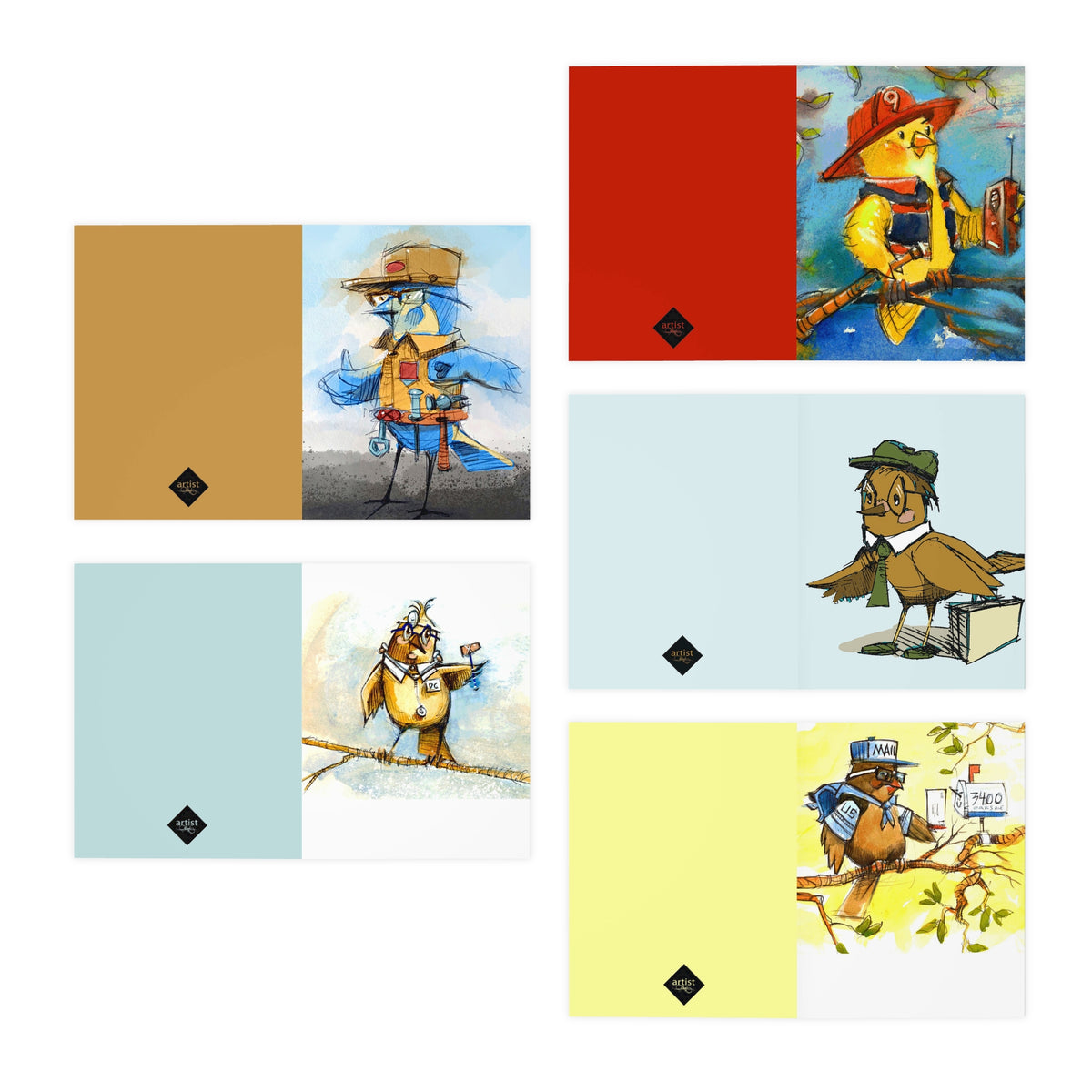 Whimsical Working Birds-Greeting Cards – 5-Pack Multi-Design Set