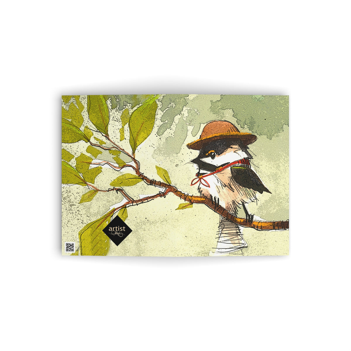 Chirpy Sparrow Hat Greeting Card — Whimsical Nature Note Card