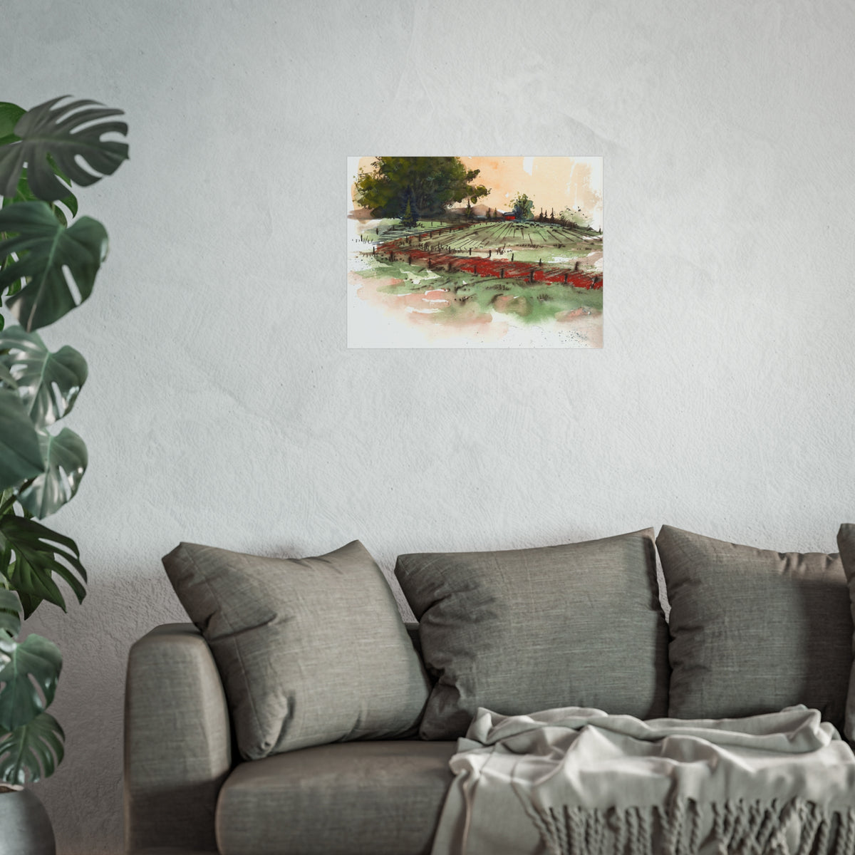 Countryside Vineyard Fine Art Poster — Watercolor Landscape Wall Art