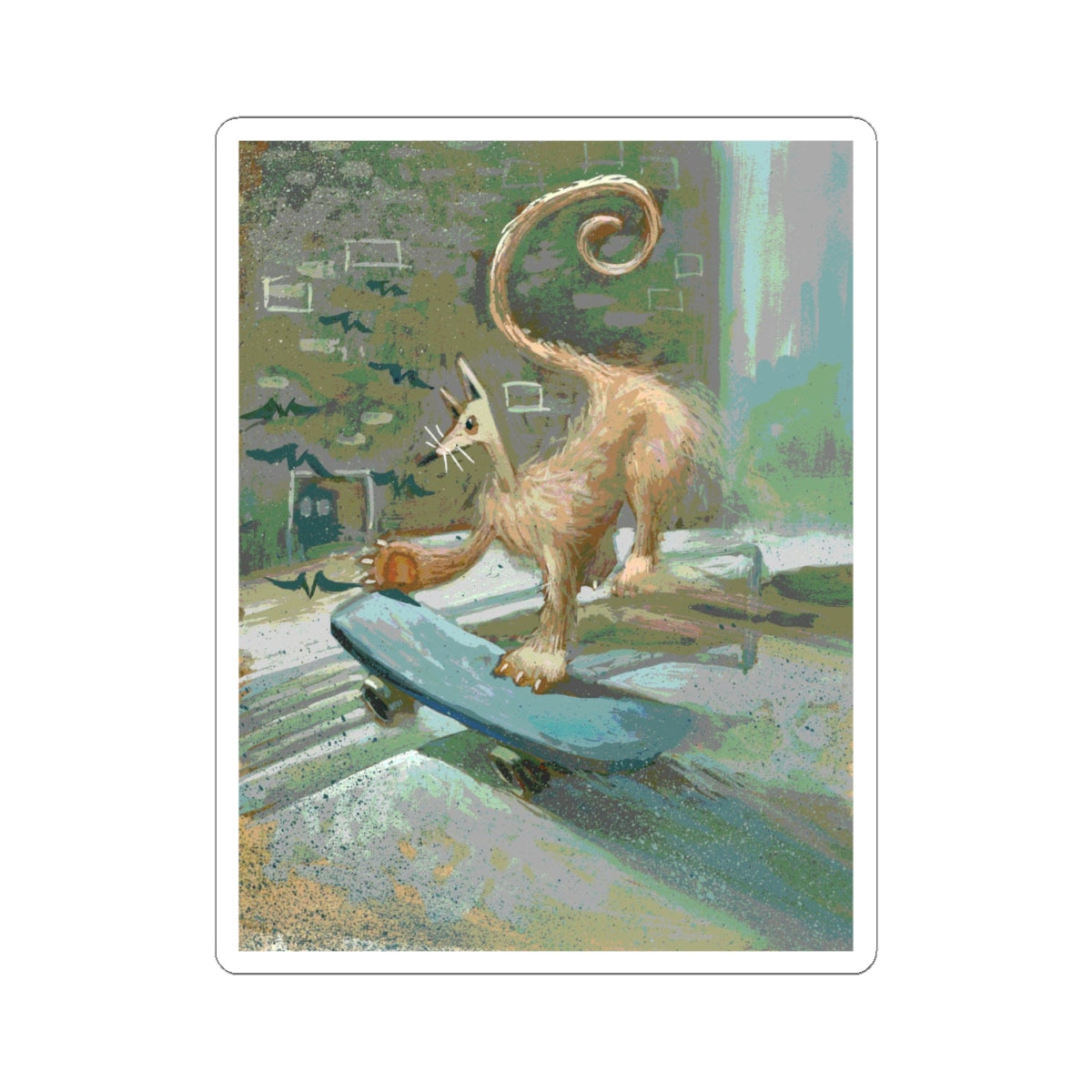 Skateboarding Cat Kiss-Cut Sticker — Whimsical Skate Pup Art Decal
