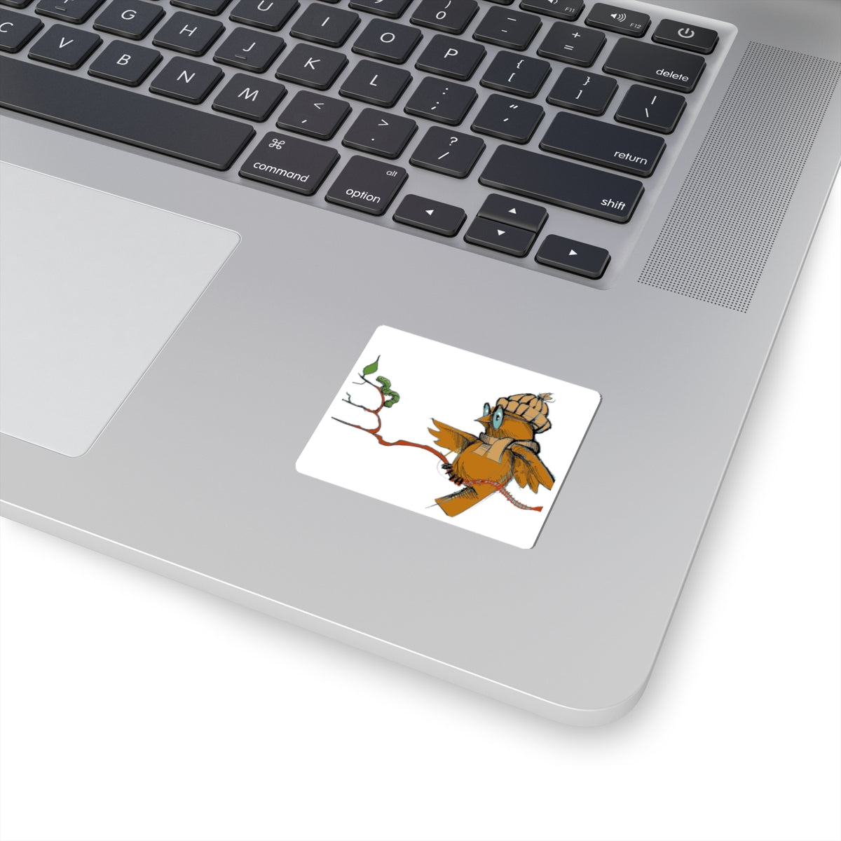 Cute Bird & Worm Sticker — Illustrated Winter Owl Kiss-Cut Sticker for Laptops, Journals & Gifts