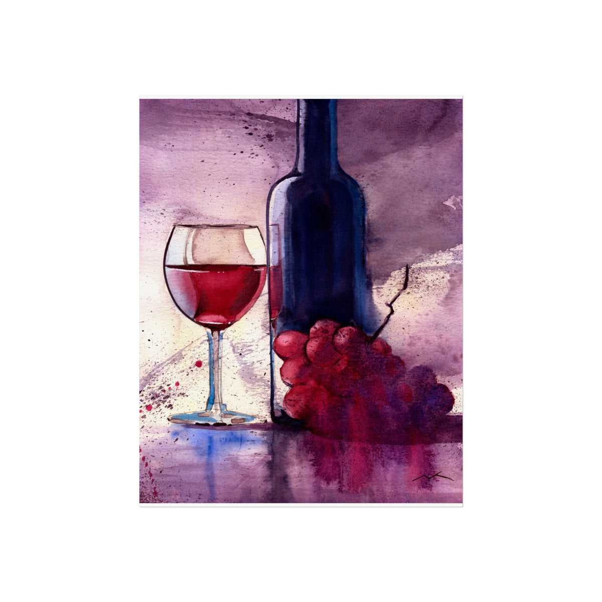 Wine Still Life Fine Art Poster — Watercolor Bottle, Glass & Grapes Wall Art