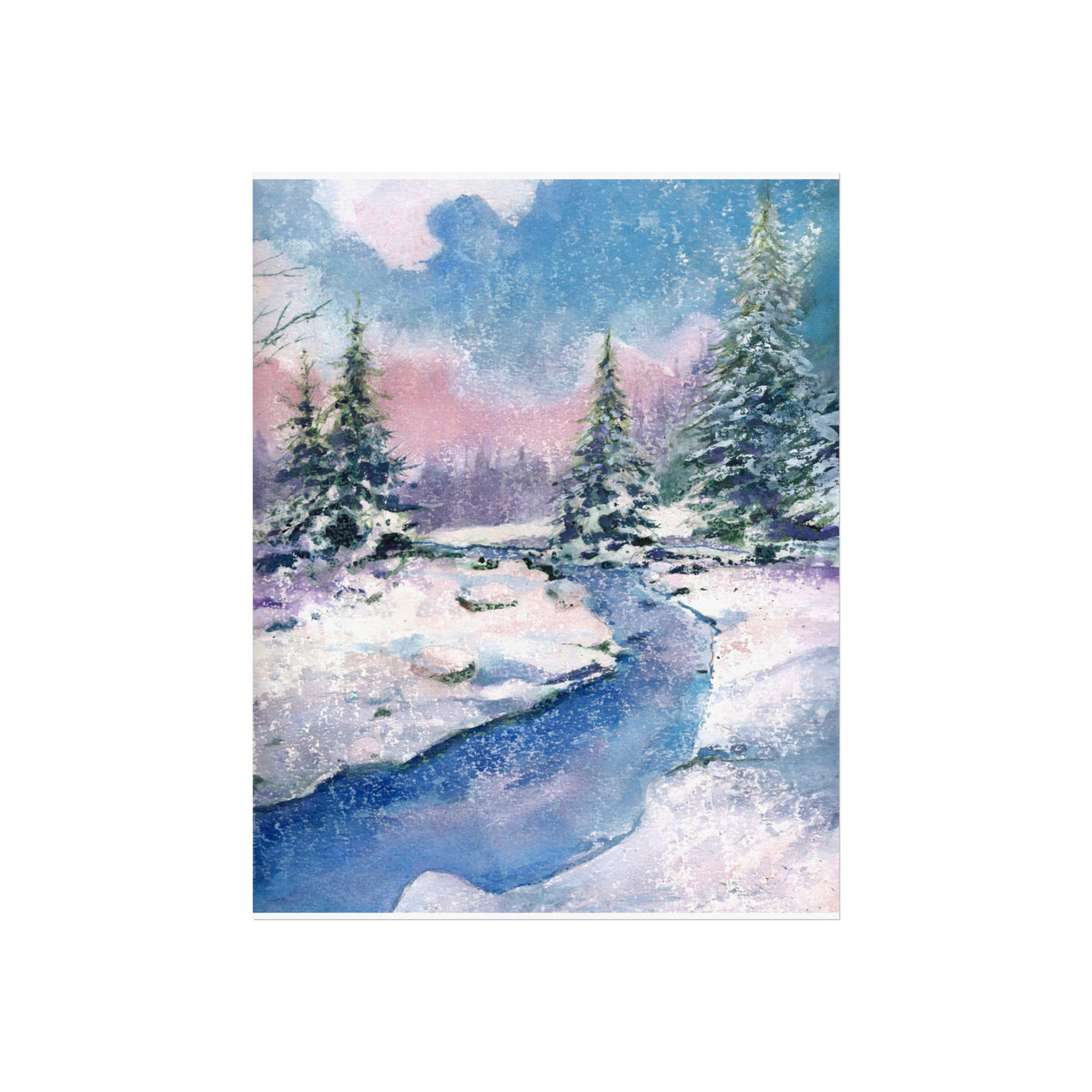 Winter Stream Fine Art Poster — Snowy Pine Landscape Wall Art