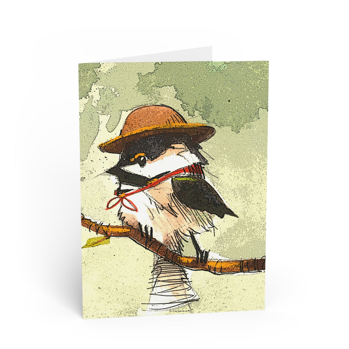 Chirpy Sparrow Hat Greeting Card — Whimsical Nature Note Card