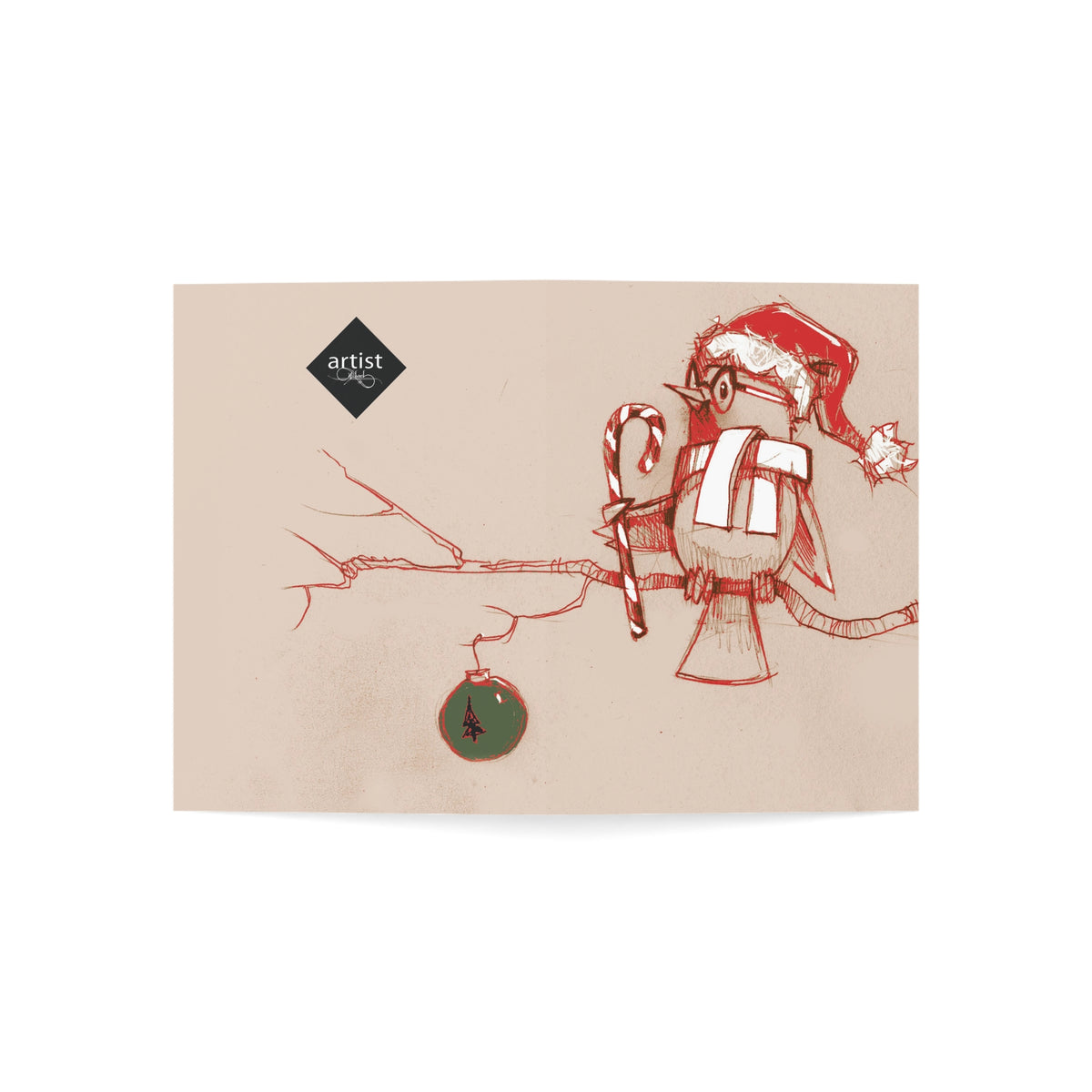 Holiday Bird Greeting Card — Hand-Drawn Santa Hat & Ornament Christmas Card (1/10/30/50 pcs)