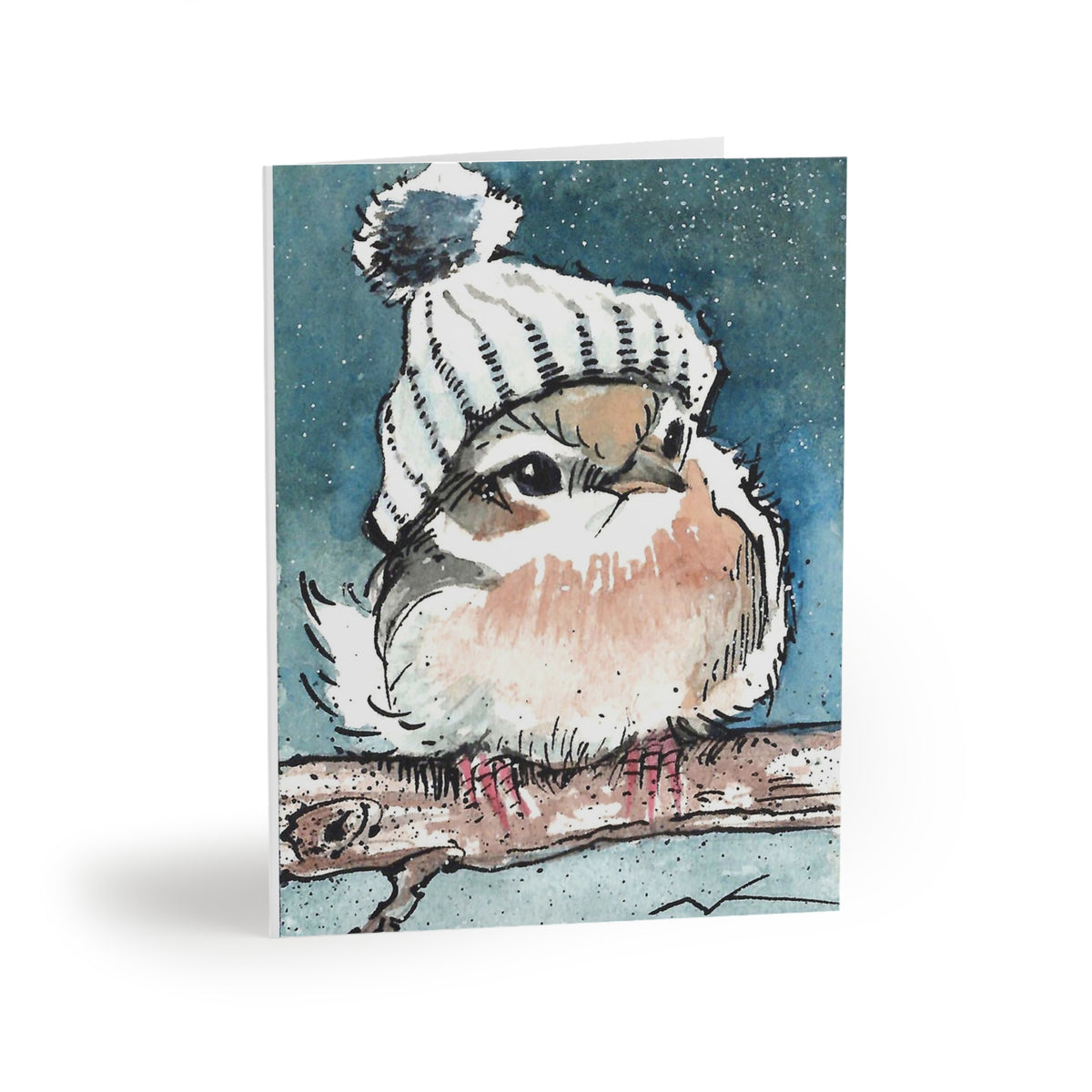 Cute Winter Bird Greeting Cards — (Adorable Chickadee in Knit Hat)