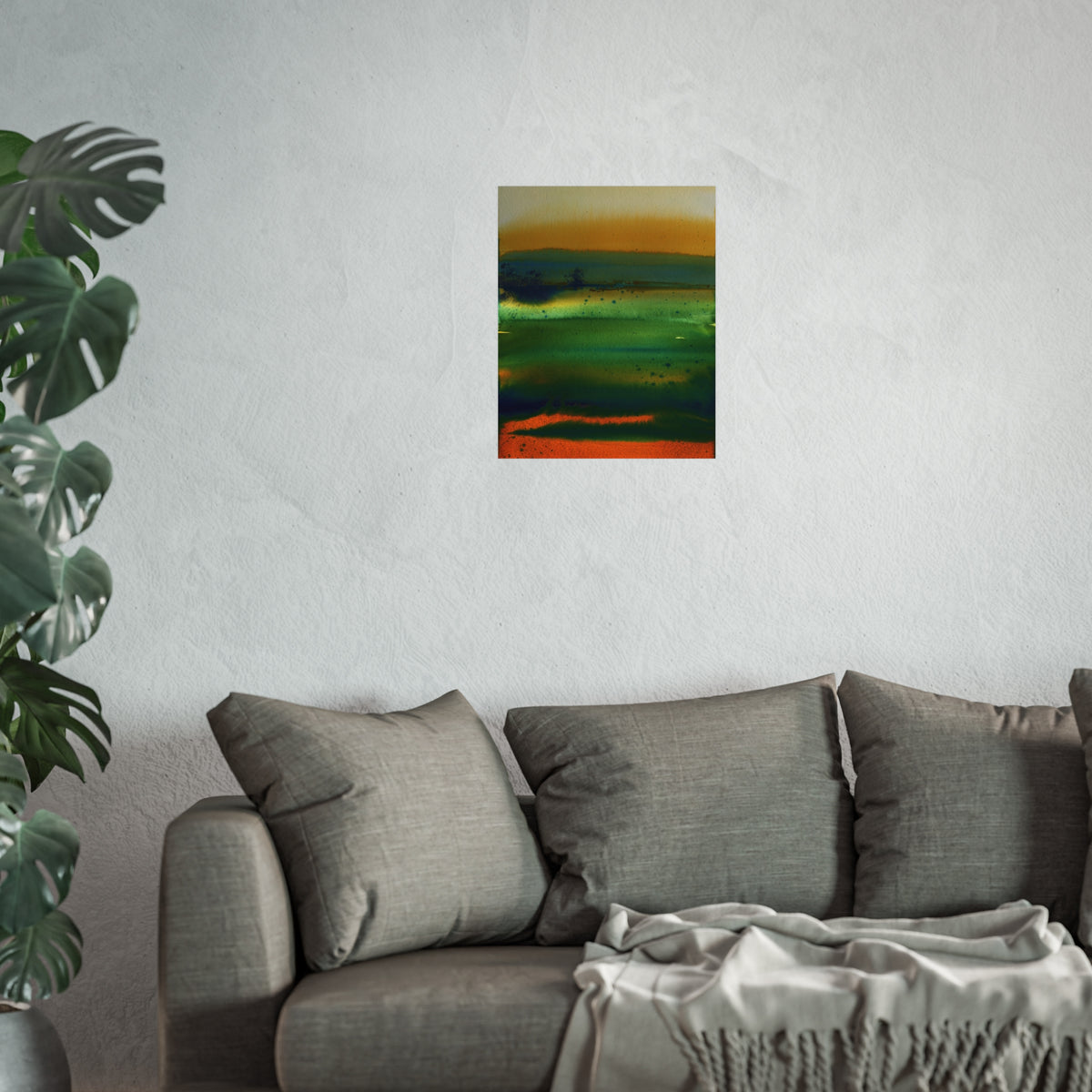 Abstract Landscape Fine Art Poster — Green & Orange Watercolor Wall Art