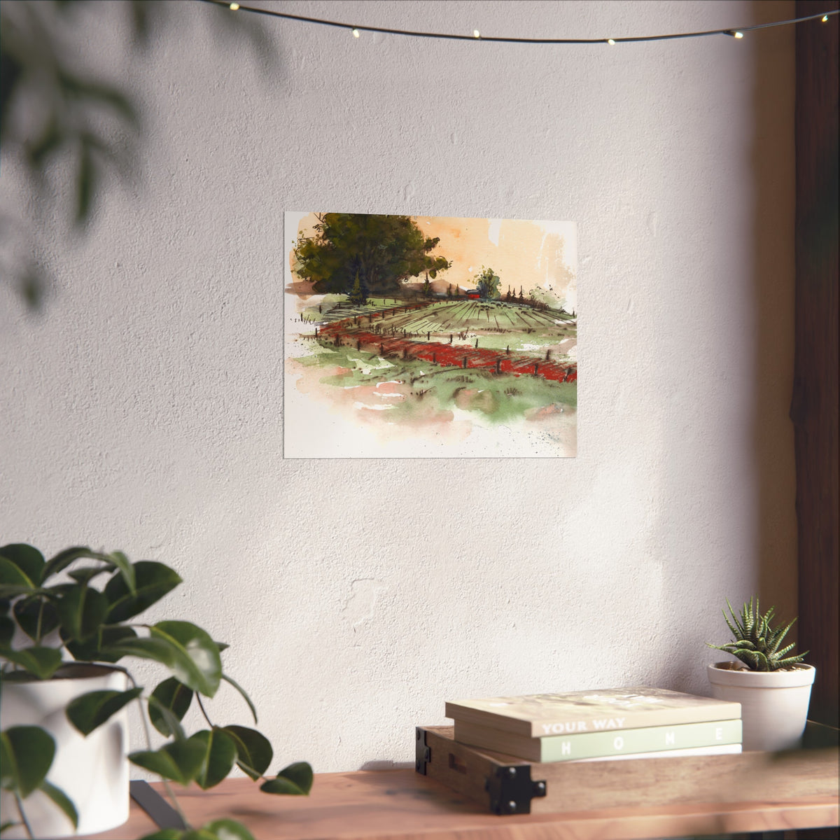 Countryside Vineyard Fine Art Poster — Watercolor Landscape Wall Art