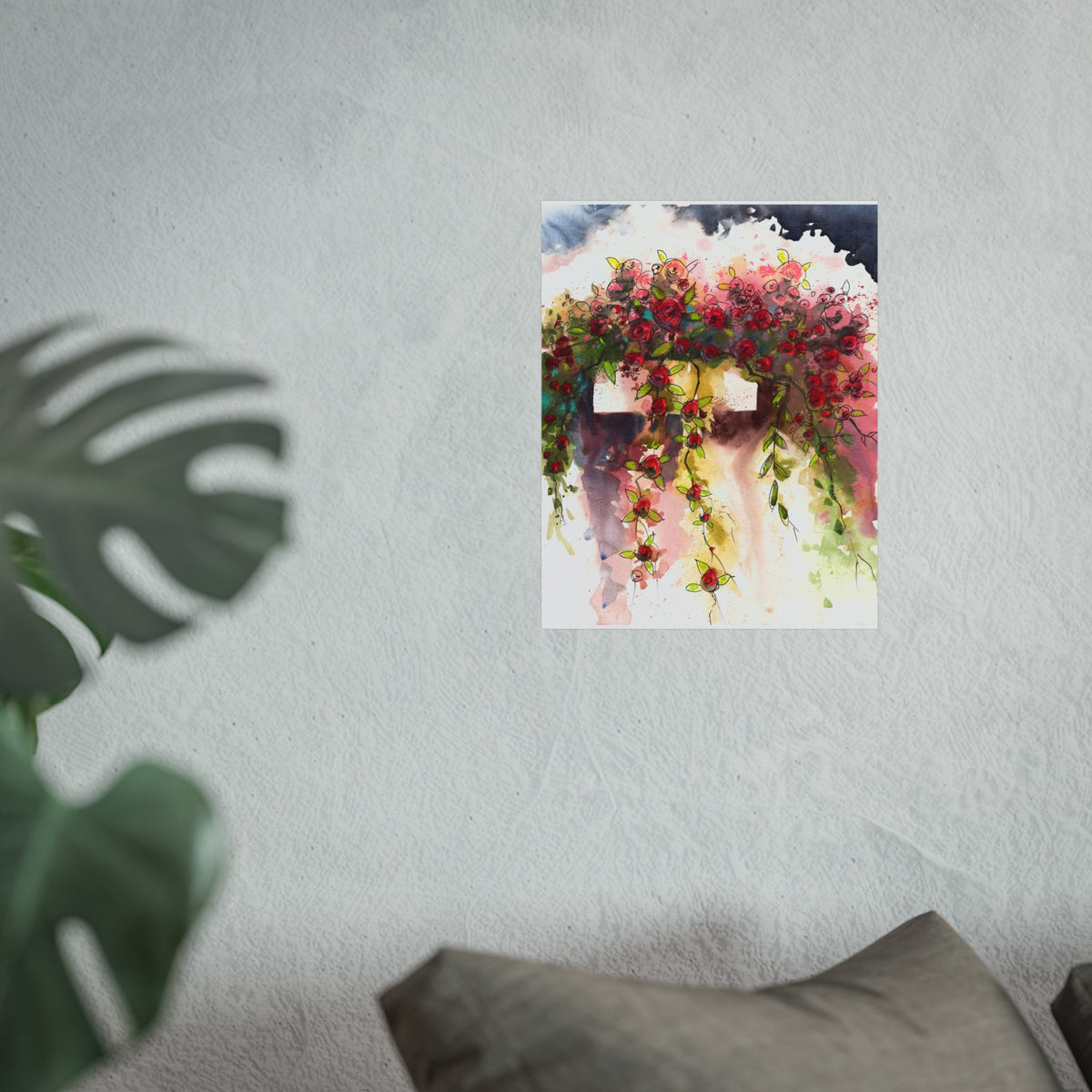 Floral Watercolor Wall Art Poster — Hanging Rose Basket Fine Art Print