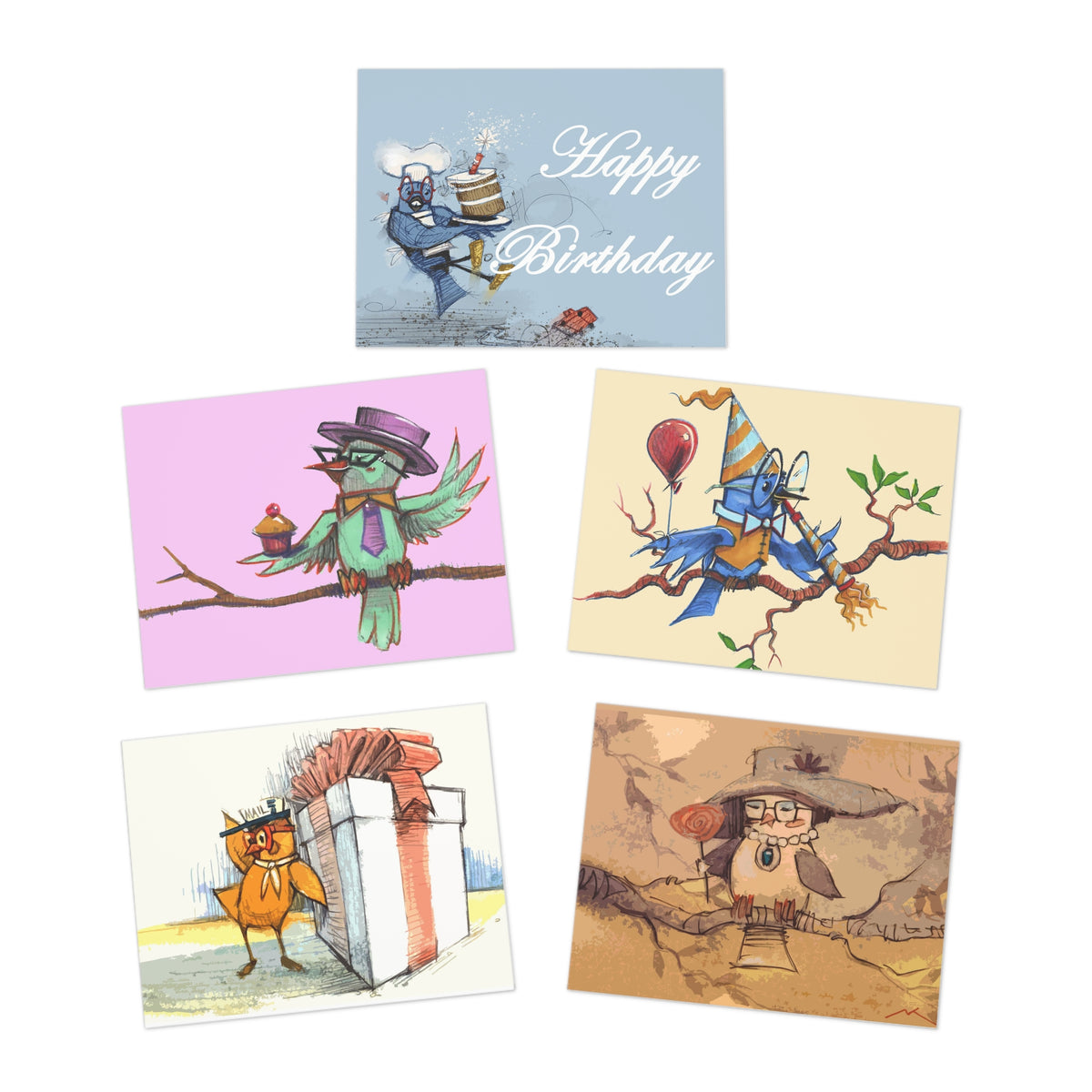 Birthday Bird Greeting Cards — 5-Pack Assorted Illustrated Cards