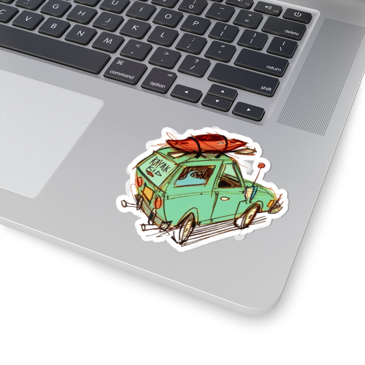 Kayak Road Trip Sticker — Retro Car with Kayaks Kiss-Cut Sticker
