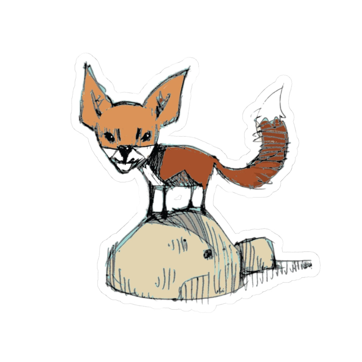 Hand-Drawn Fox on Rock Kiss-Cut Sticker — Cute Woodland Laptop Decal