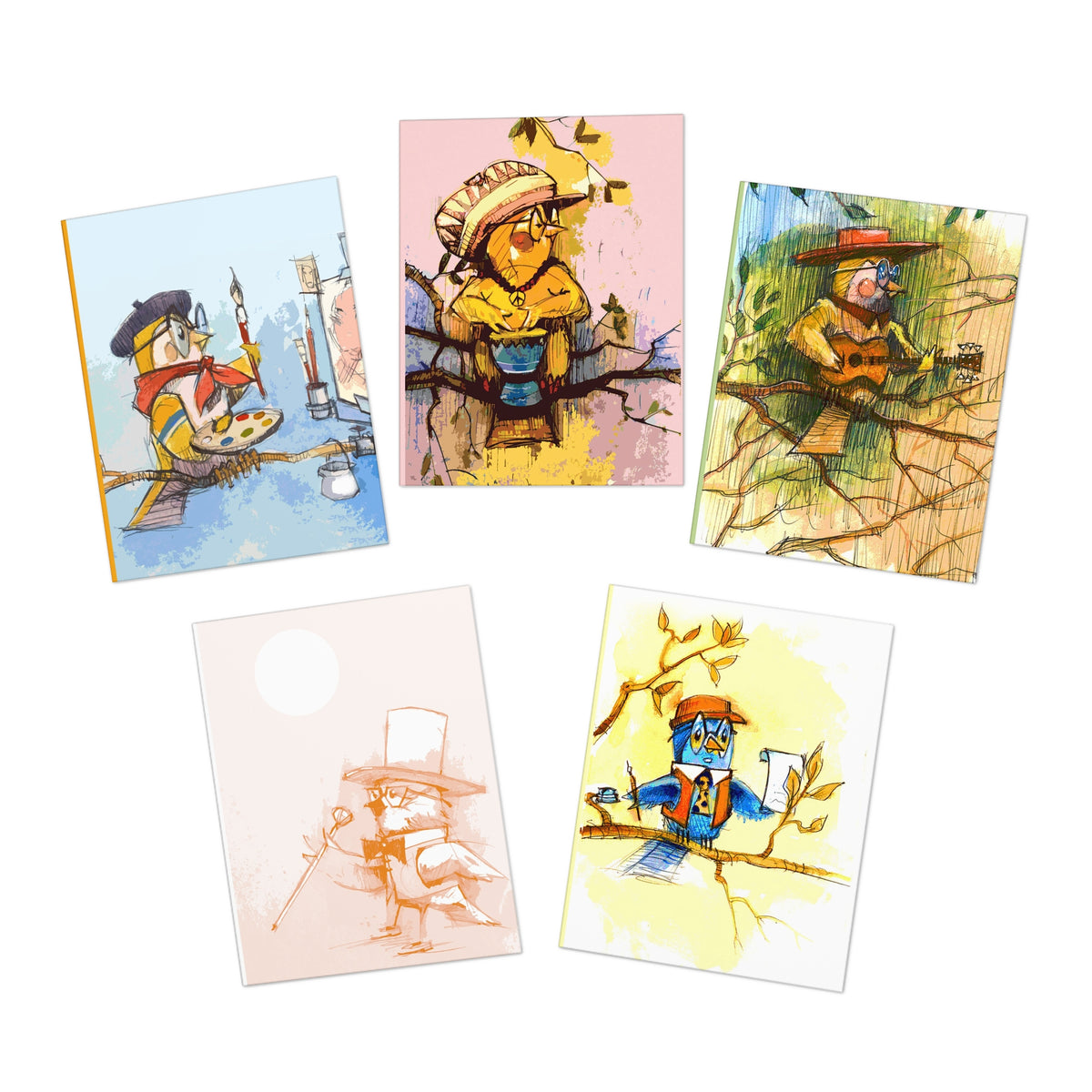 Whimsical Bird Character Greeting Cards — 5-Pack Multi-Design Set