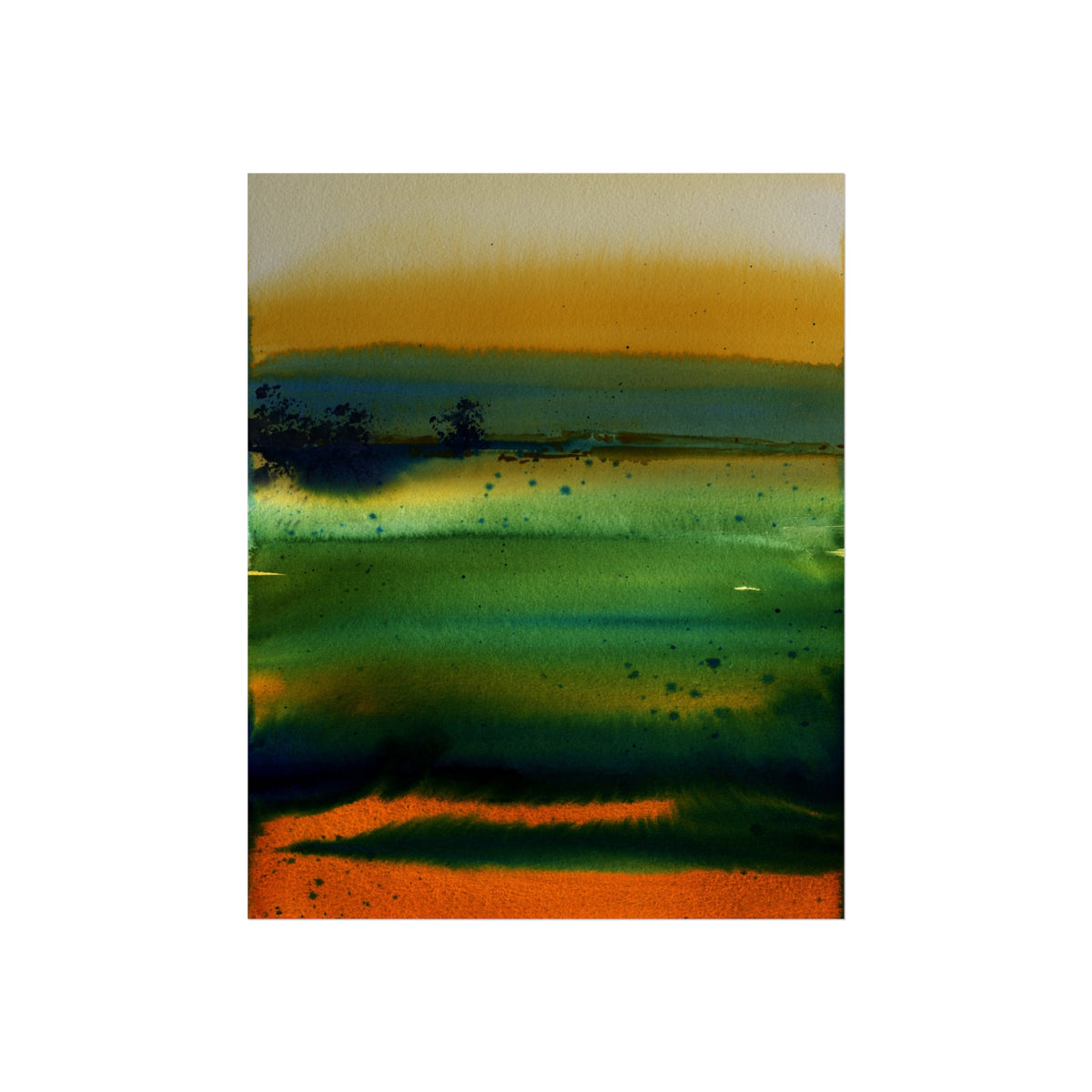 Abstract Landscape Fine Art Poster — Green & Orange Watercolor Wall Art