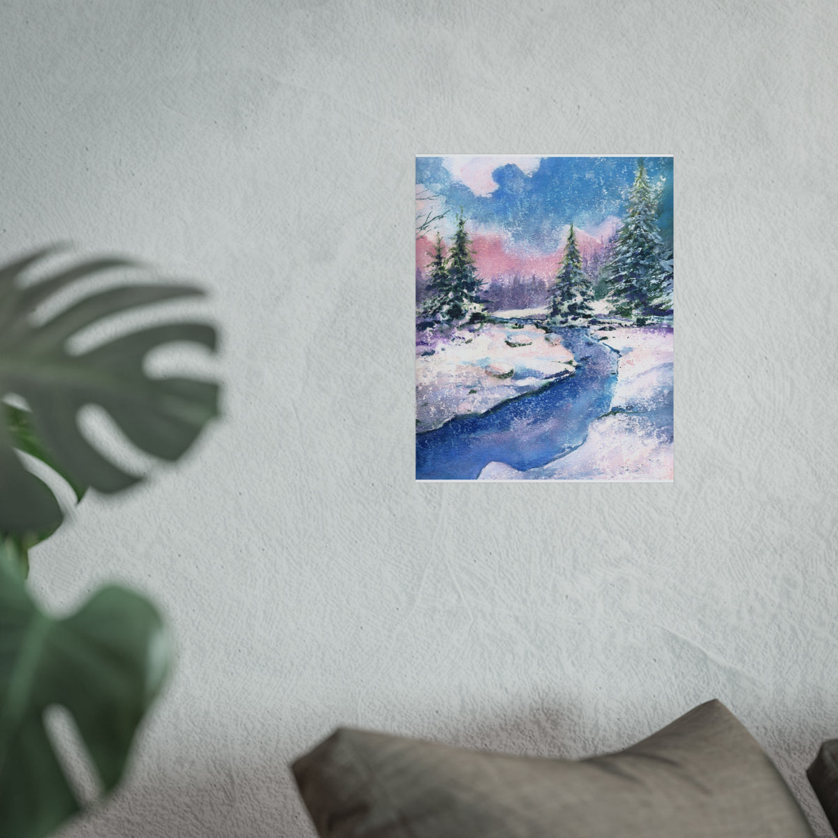 Winter Stream Fine Art Poster — Snowy Pine Landscape Wall Art
