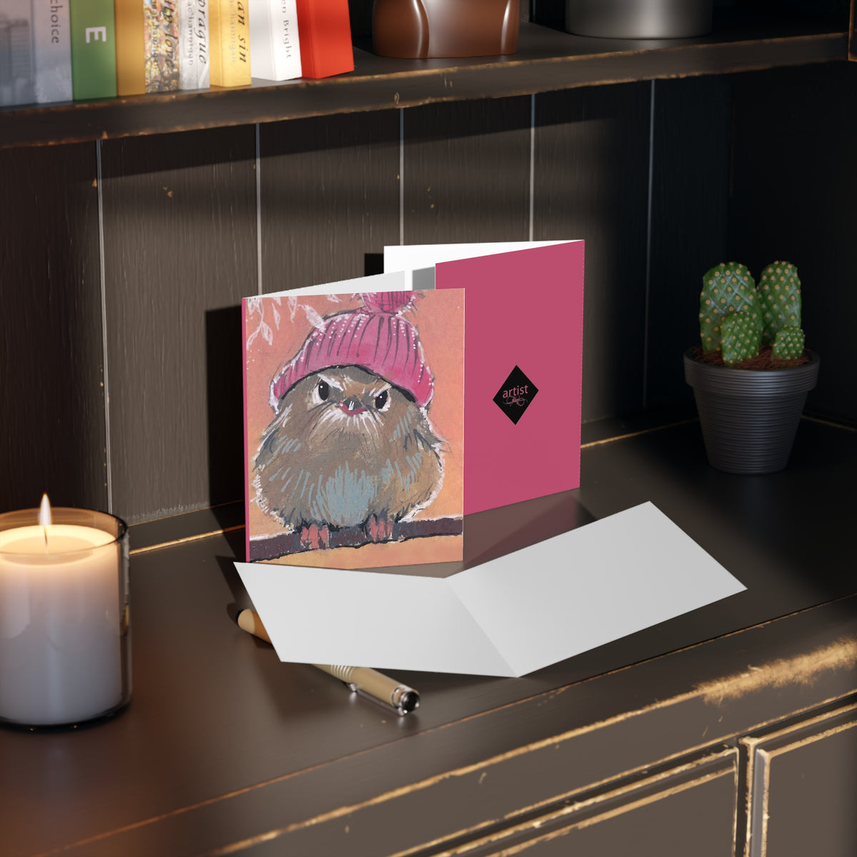 Chubby Bird in Pink Beanie — Cute Blank Greeting Cards
