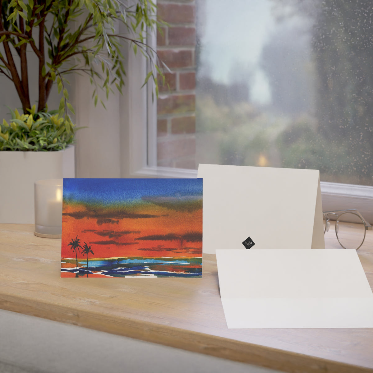 Sunset Beach Greeting Cards — Pack of 1/10/30/50, Tropical Palm Watercolor Note Cards