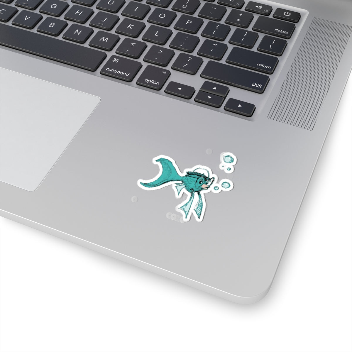 Hand-Drawn Teal Fish Sticker — Cute Aquatic Kiss-Cut Decal (Bubbles)