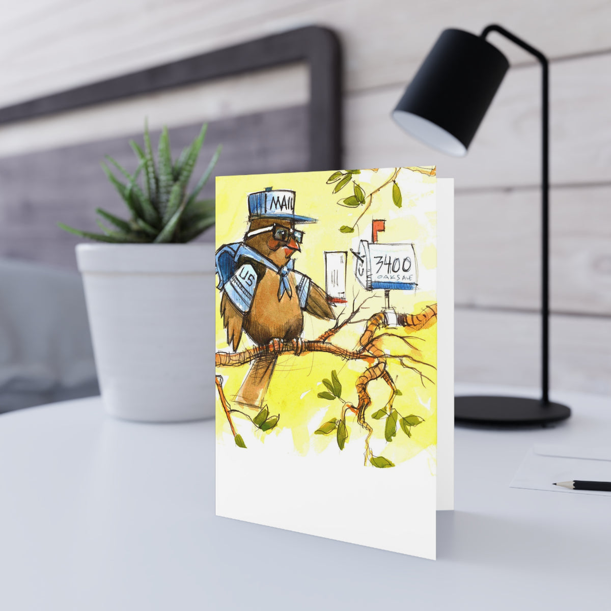 Postal Owl Greeting Card — Whimsical Mail Carrier Note Card