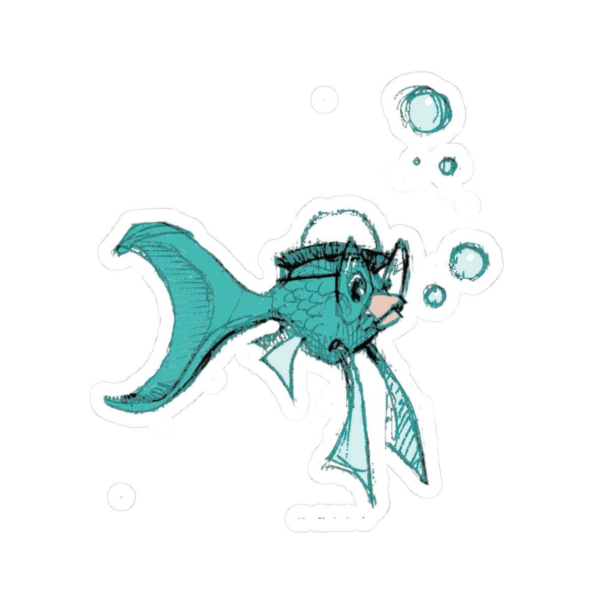 Hand-Drawn Teal Fish Sticker — Cute Aquatic Kiss-Cut Decal (Bubbles)