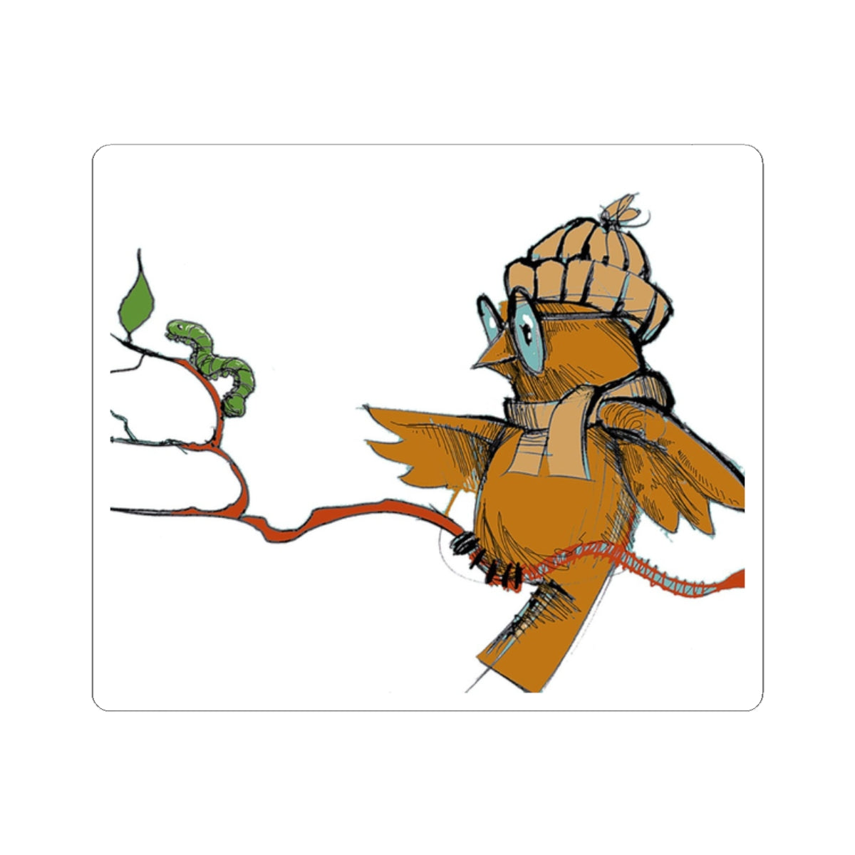 Cute Bird & Worm Sticker — Illustrated Winter Owl Kiss-Cut Sticker for Laptops, Journals & Gifts