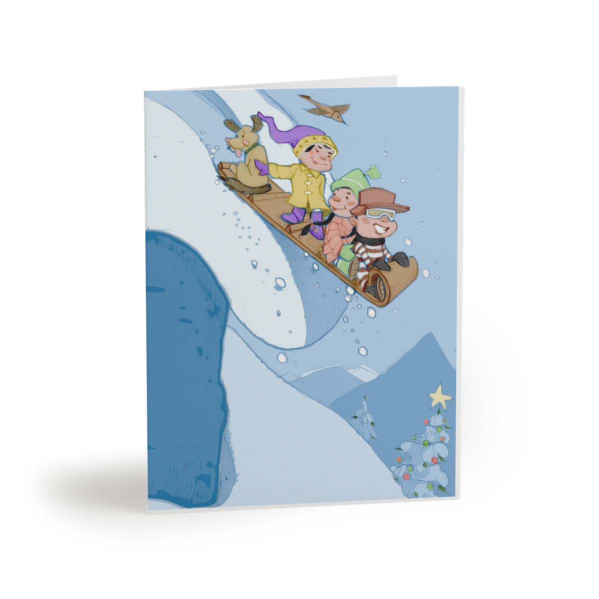 Holiday Sledding --Greeting Cards -- Winter Kids Illustration