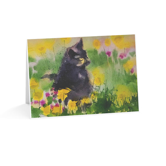 Cat in Wildflower Garden Greeting Cards — Blank Note Cards (Pack of 1, 10, 30, 50)