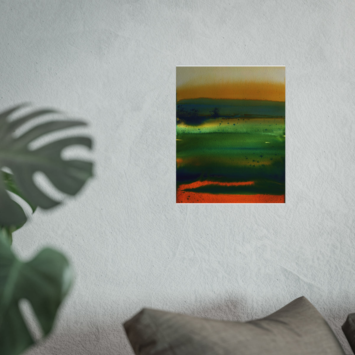 Abstract Landscape Fine Art Poster — Green & Orange Watercolor Wall Art