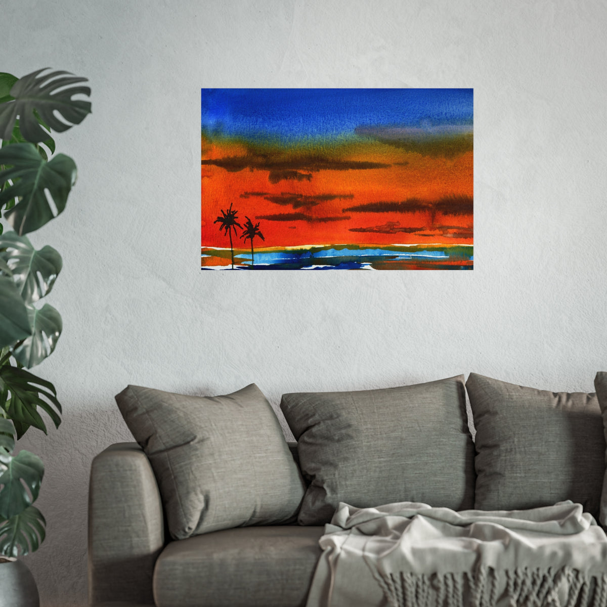 Fine Art Poster — Vibrant Tropical Sunset Watercolor with Palm Silhouettes