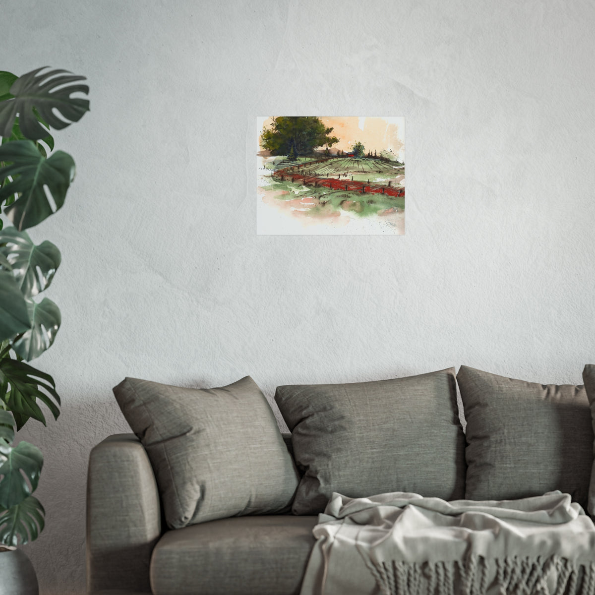 Countryside Vineyard Fine Art Poster — Watercolor Landscape Wall Art