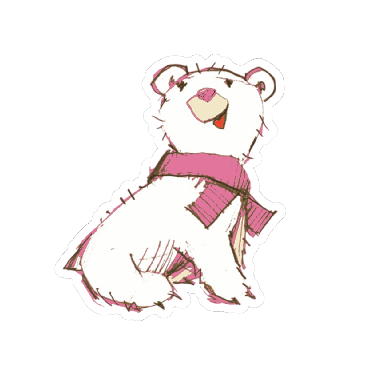 Cute Polar Bear Sticker — Hand-Drawn White Bear with Pink Scarf Kiss-Cut Sticker