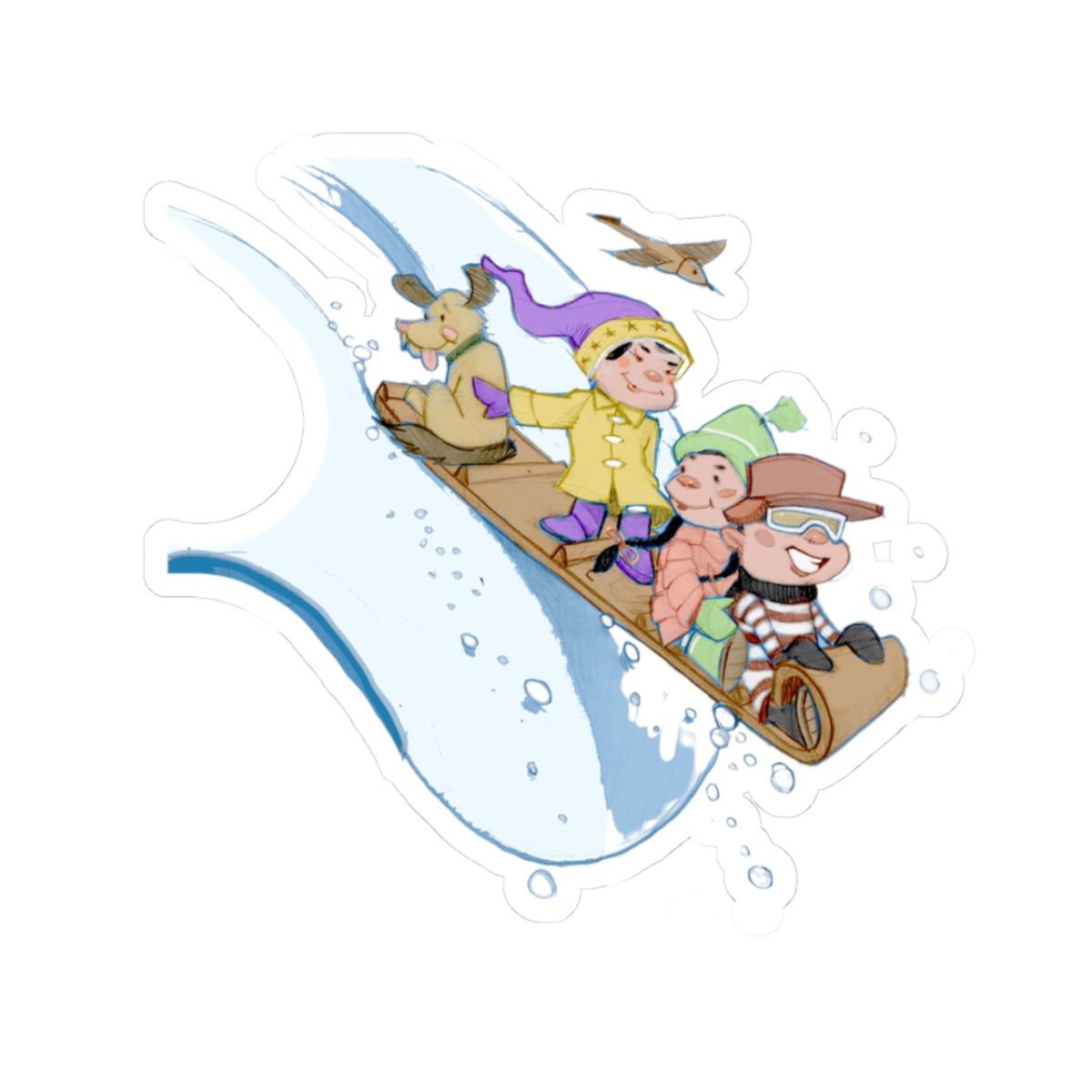 Vintage Kids Sledding Sticker — Retro Winter Toboggan Kiss-Cut Decal