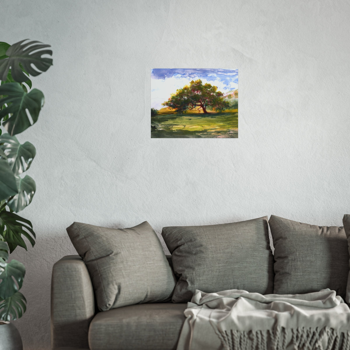 Landscape Tree Fine Art Poster — Watercolor Oak Sunset Wall Art