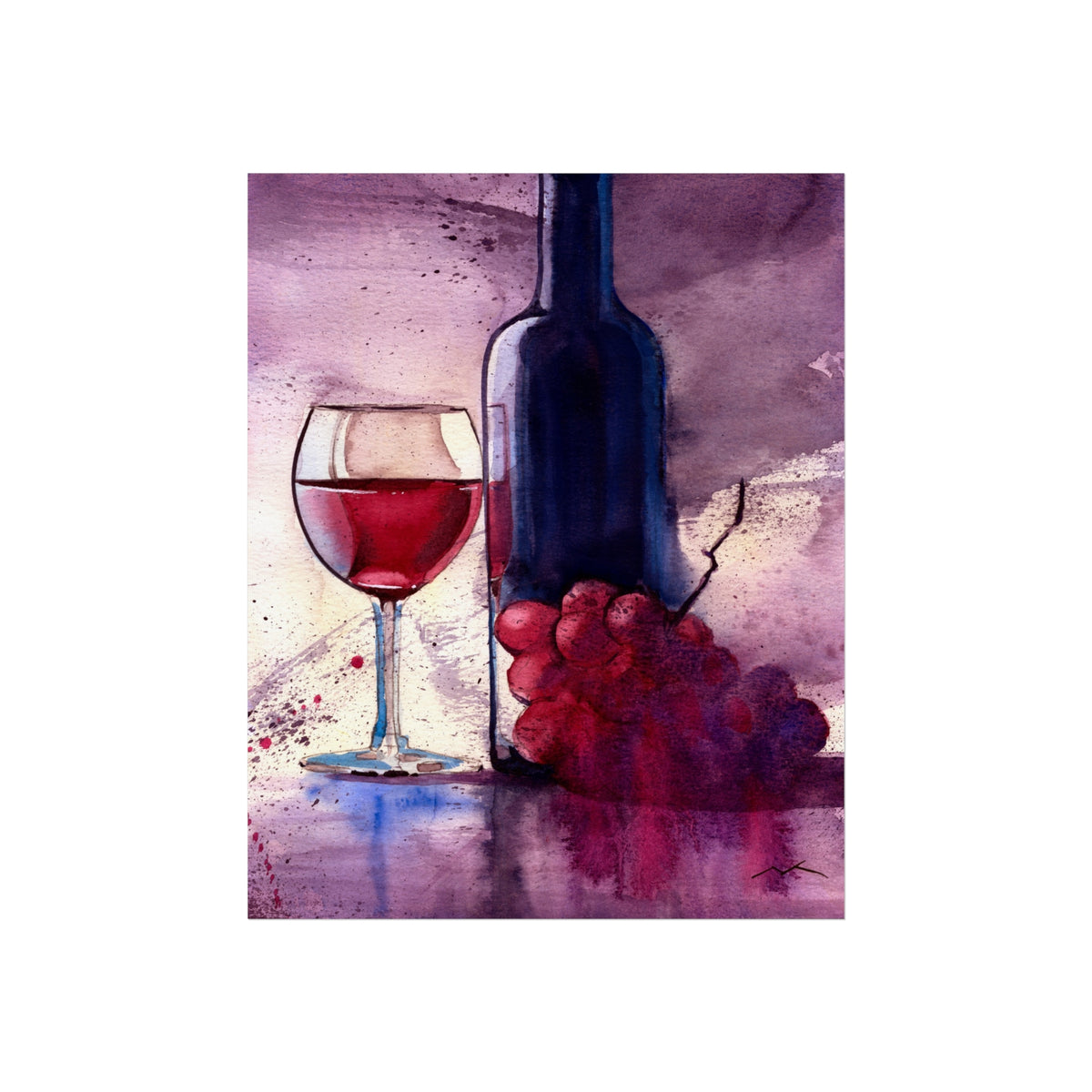Wine Still Life Fine Art Poster — Watercolor Bottle, Glass & Grapes Wall Art