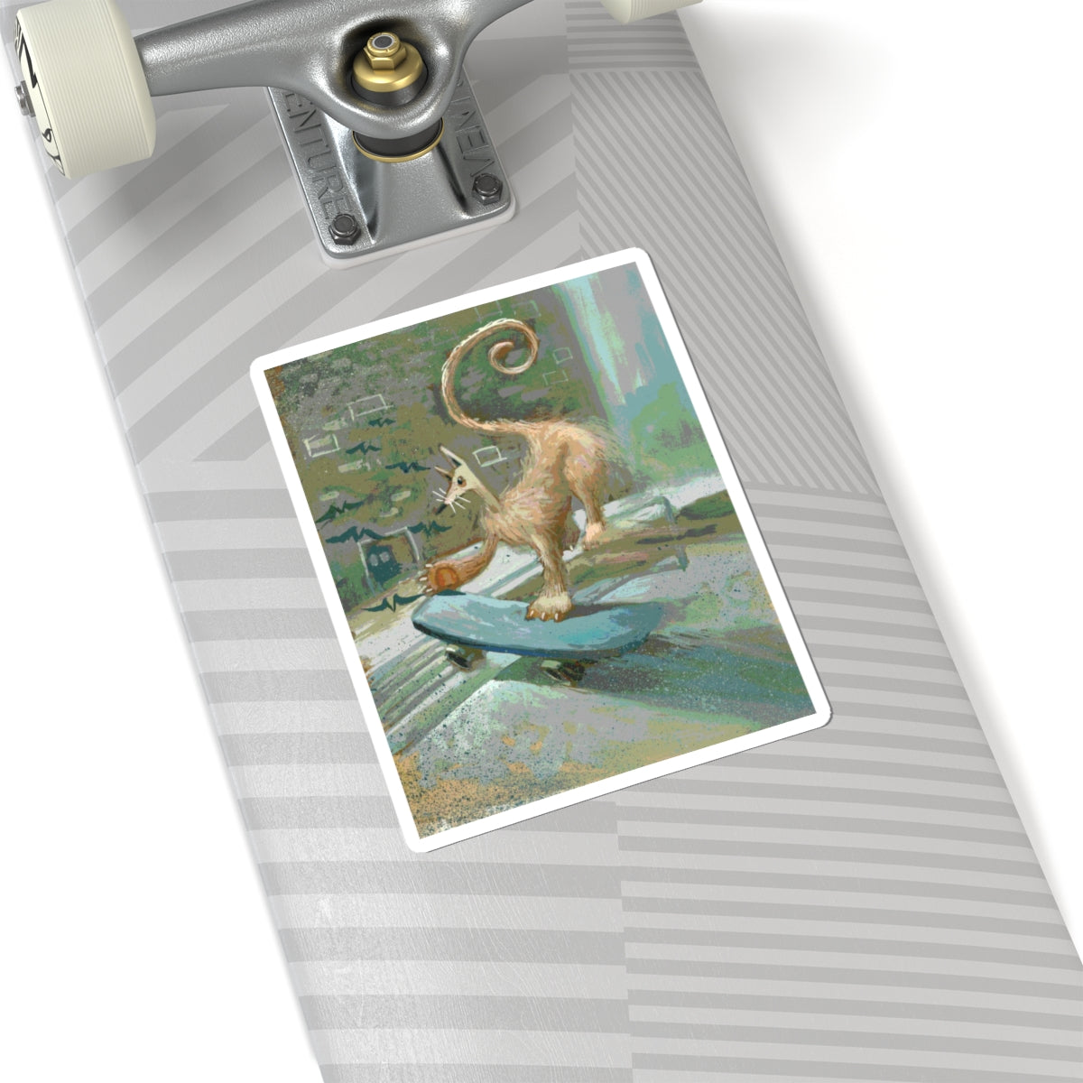 Skateboarding Cat Kiss-Cut Sticker — Whimsical Skate Pup Art Decal