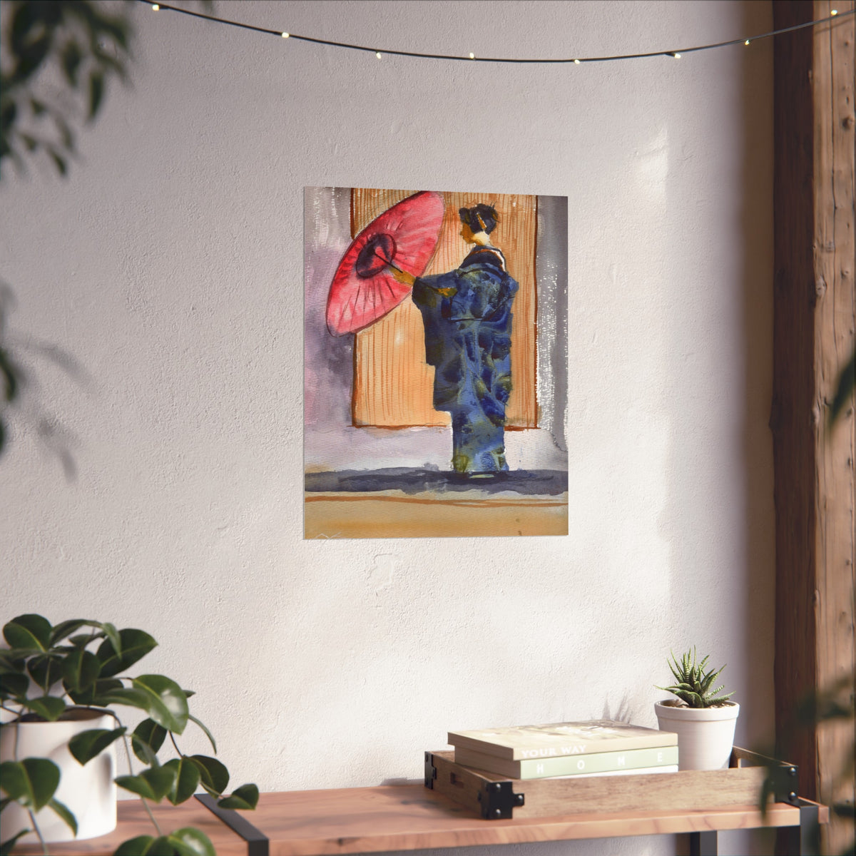 Geisha with Red Umbrella Fine Art Poster — Japanese Watercolor Wall Art