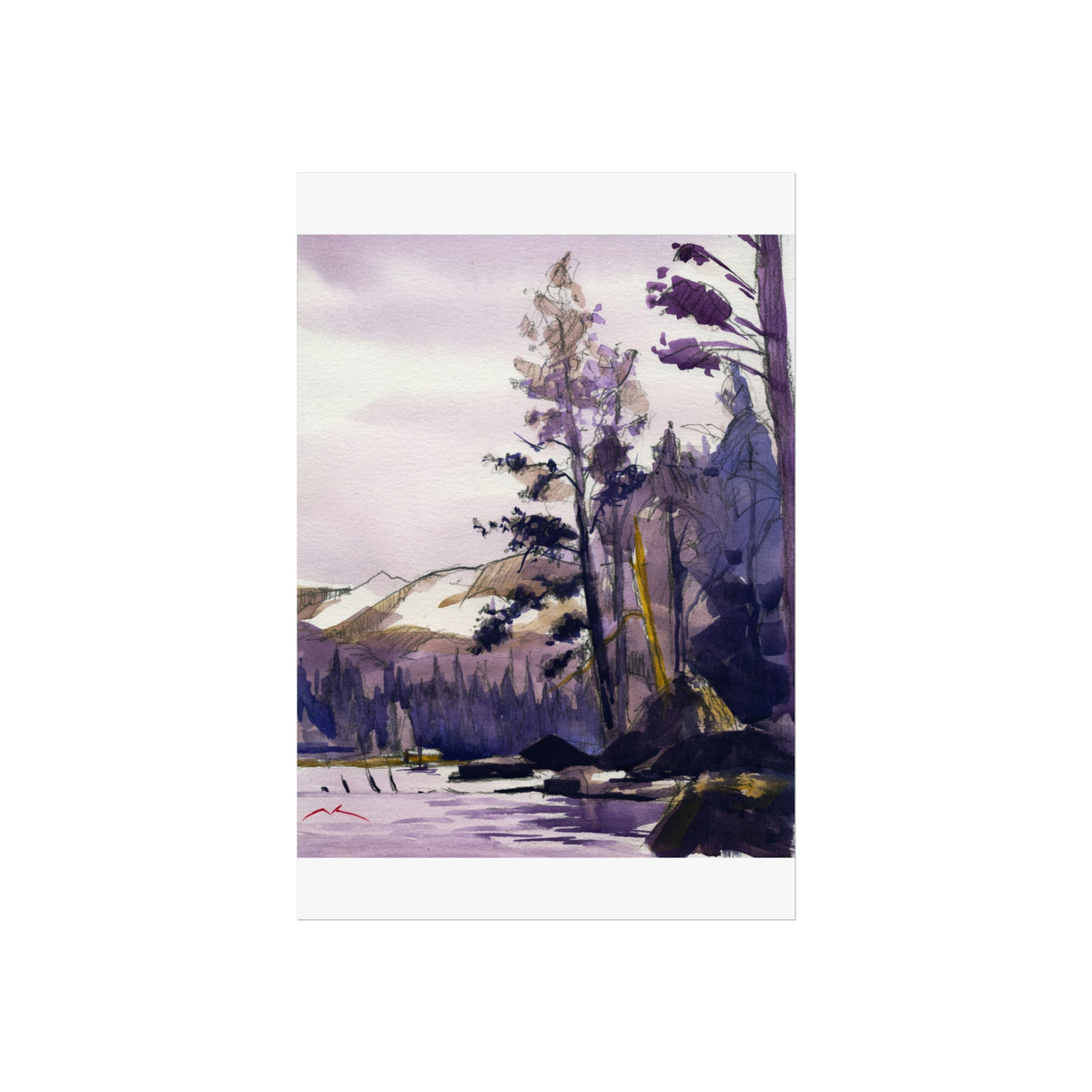 Purple Mountain Lake — Fine Art Poster (Watercolor Landscape)