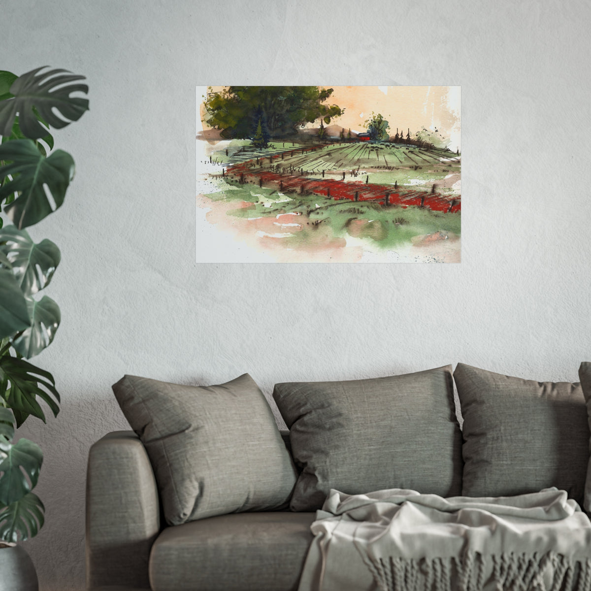 Countryside Vineyard Fine Art Poster — Watercolor Landscape Wall Art