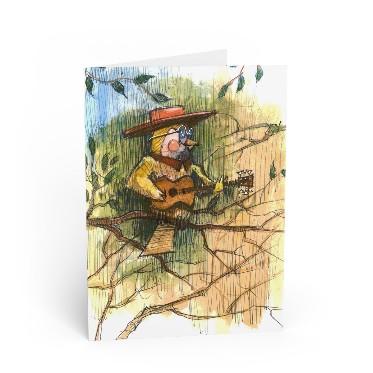 Whimsical Owl Guitarist Greeting Card — Hand-Drawn Woodland Musician Note Card