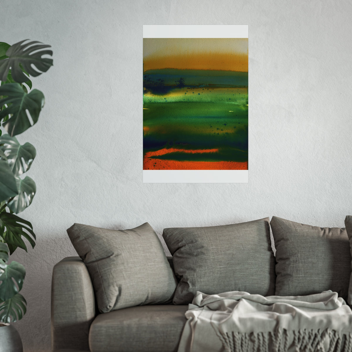 Abstract Landscape Fine Art Poster — Green & Orange Watercolor Wall Art