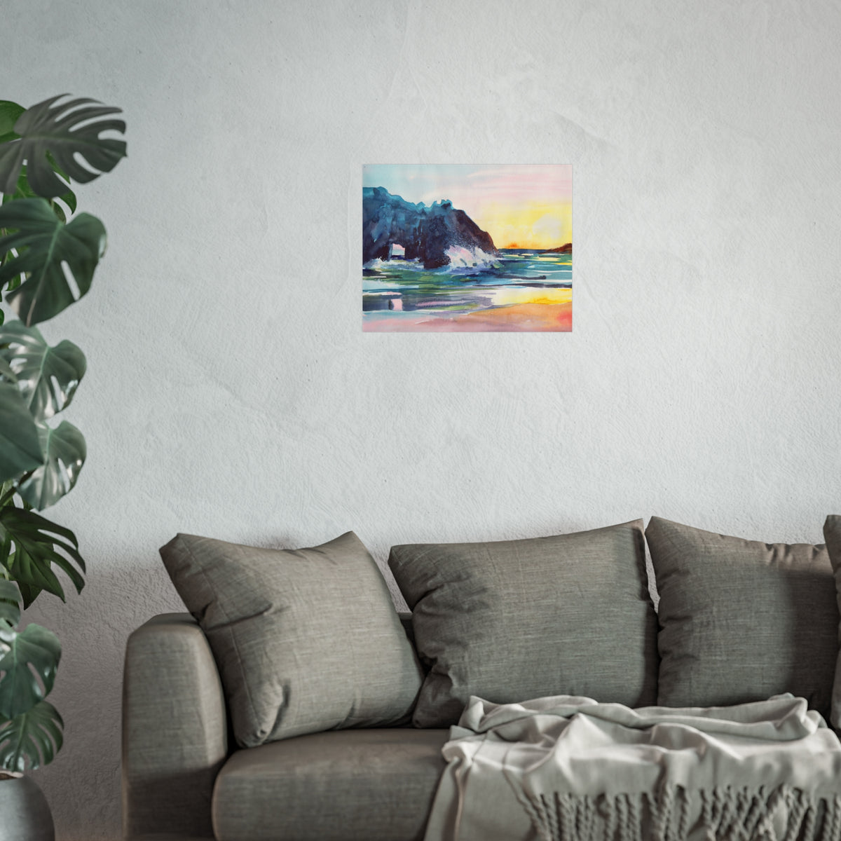 Watercolor Seascape Fine Art Poster — Coastal Sunset Beach Print