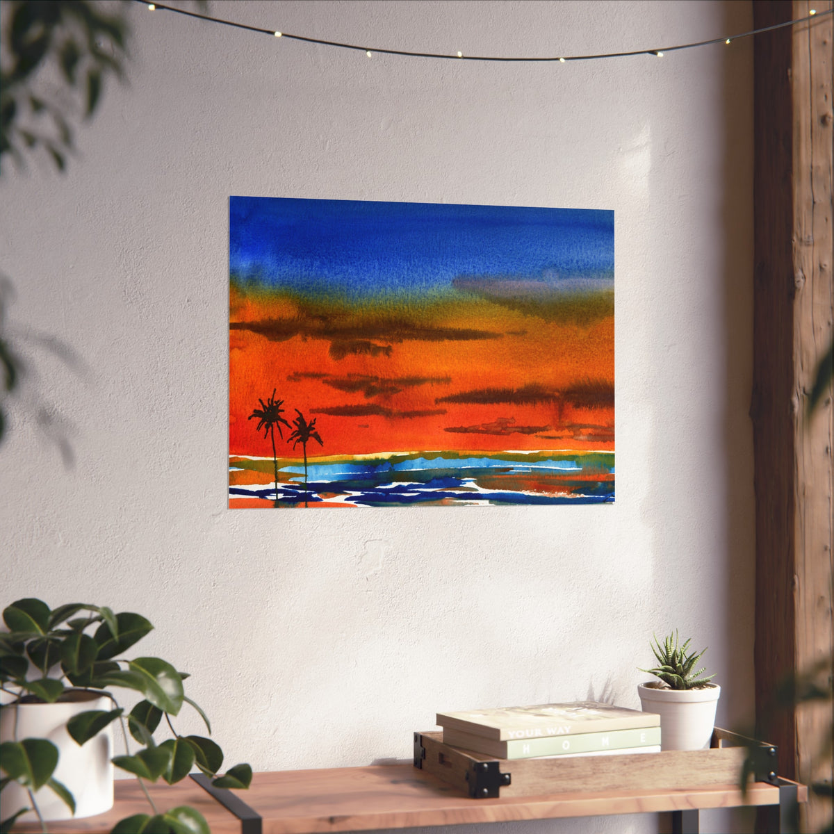 Fine Art Poster — Vibrant Tropical Sunset Watercolor with Palm Silhouettes