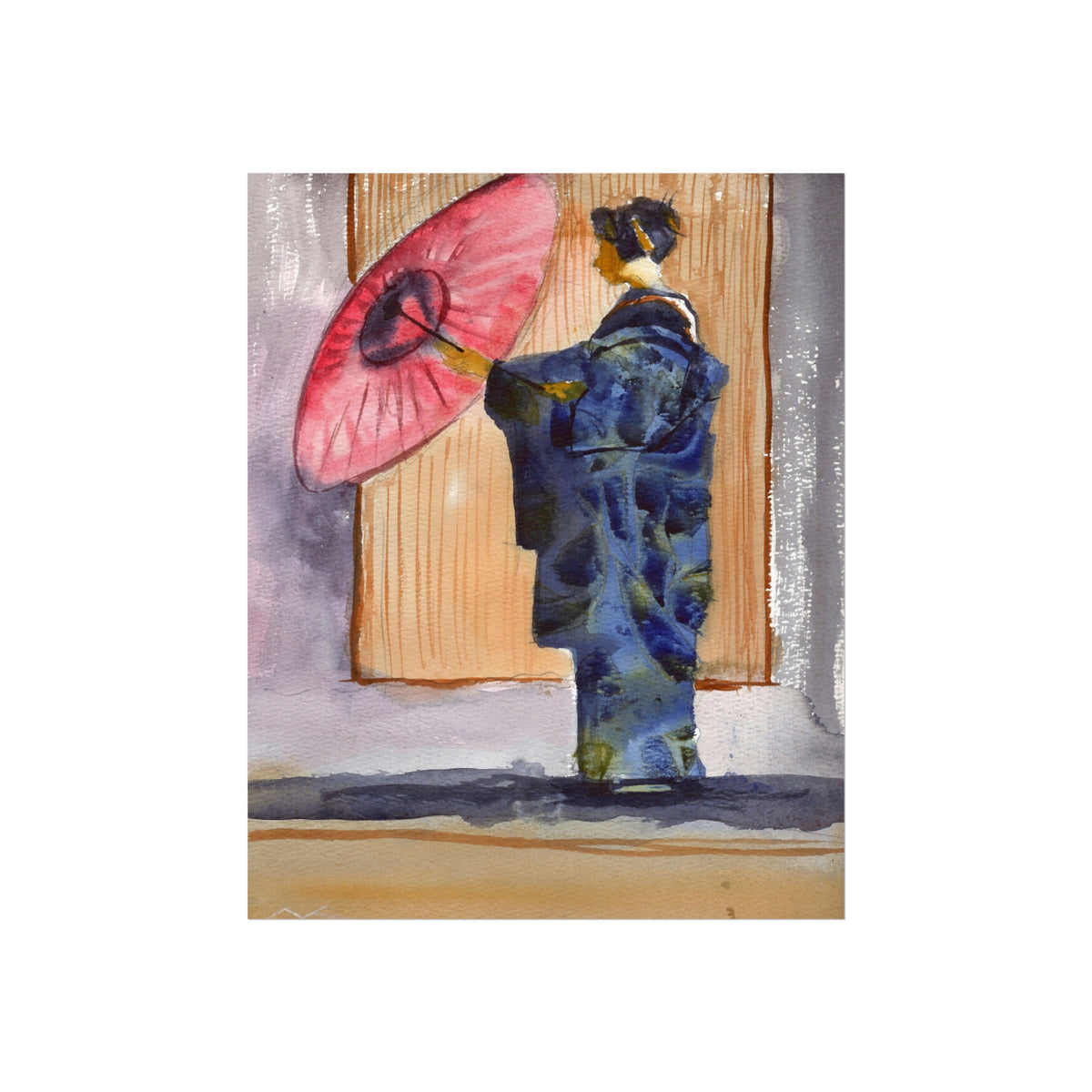Geisha with Red Umbrella Fine Art Poster — Japanese Watercolor Wall Art