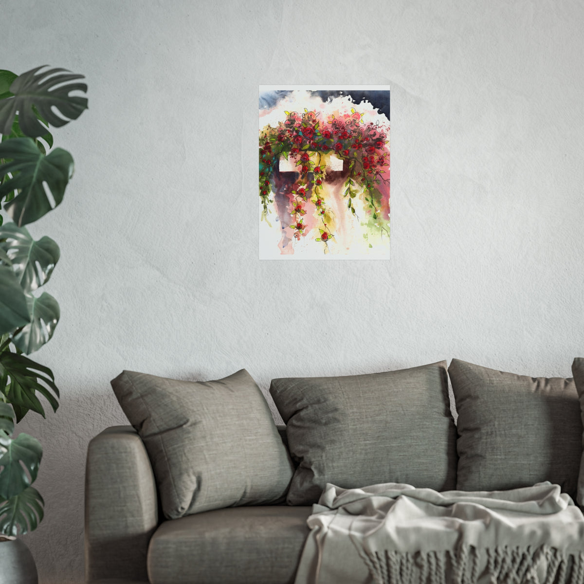 Floral Watercolor Wall Art Poster — Hanging Rose Basket Fine Art Print
