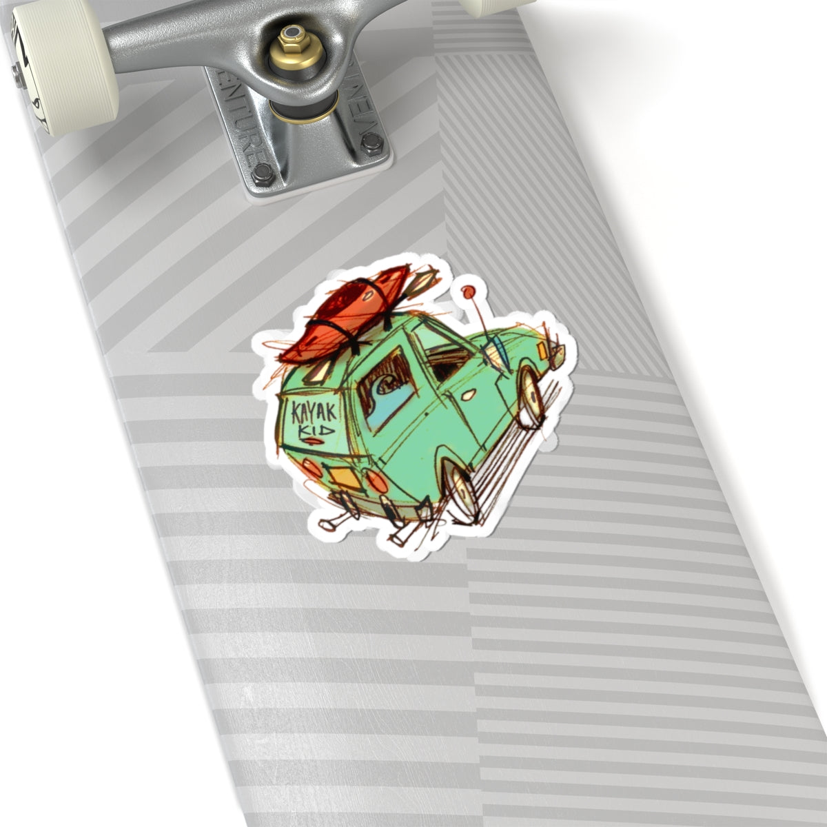 Kayak Road Trip Sticker — Retro Car with Kayaks Kiss-Cut Sticker