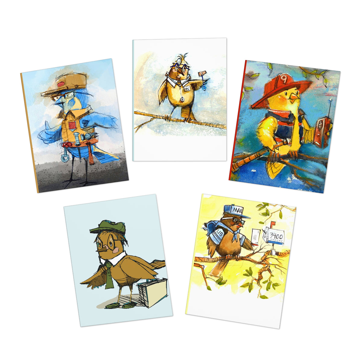 Whimsical Working Birds-Greeting Cards – 5-Pack Multi-Design Set