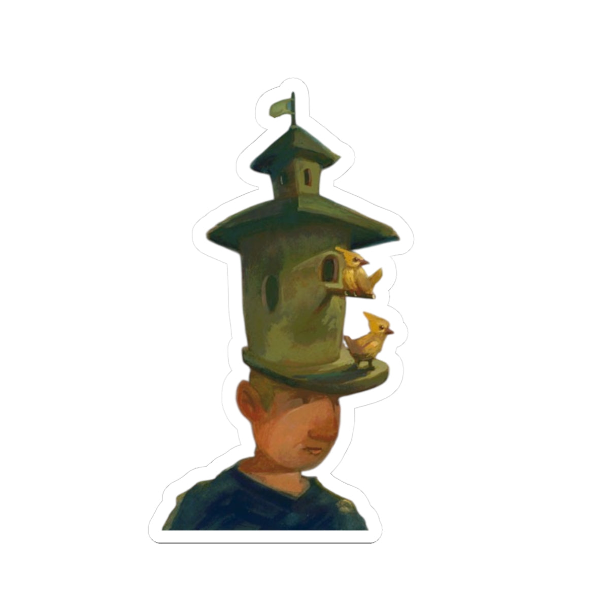 Surreal Birdhouse Head Sticker — Artistic Kiss-Cut Vinyl Decal