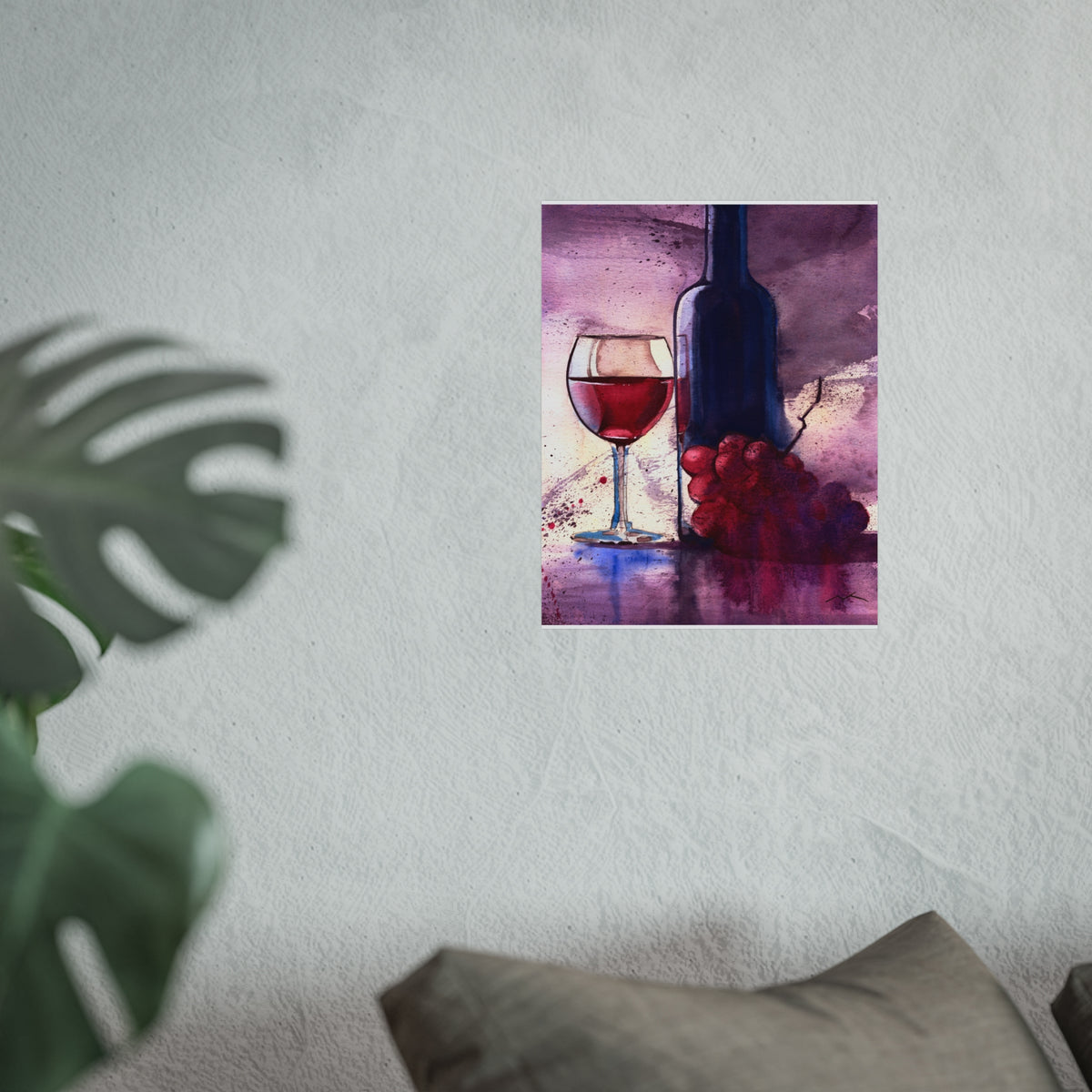 Wine Still Life Fine Art Poster — Watercolor Bottle, Glass & Grapes Wall Art