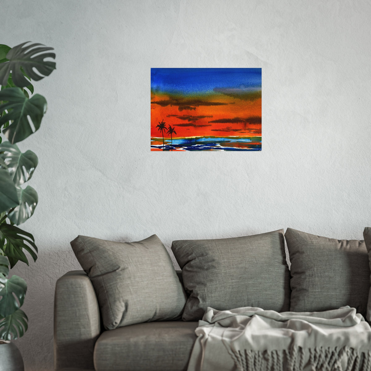 Fine Art Poster — Vibrant Tropical Sunset Watercolor with Palm Silhouettes