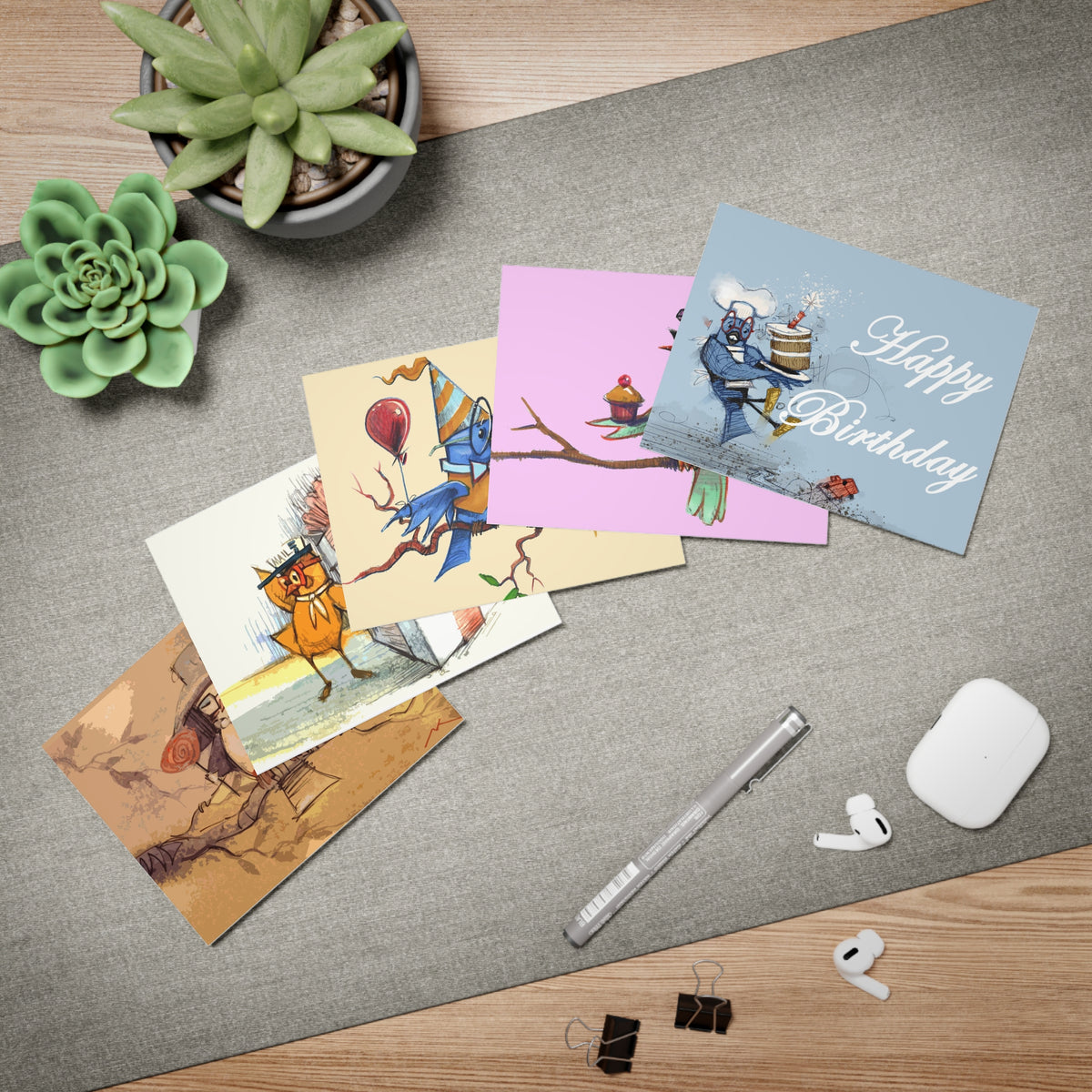 Birthday Bird Greeting Cards — 5-Pack Assorted Illustrated Cards